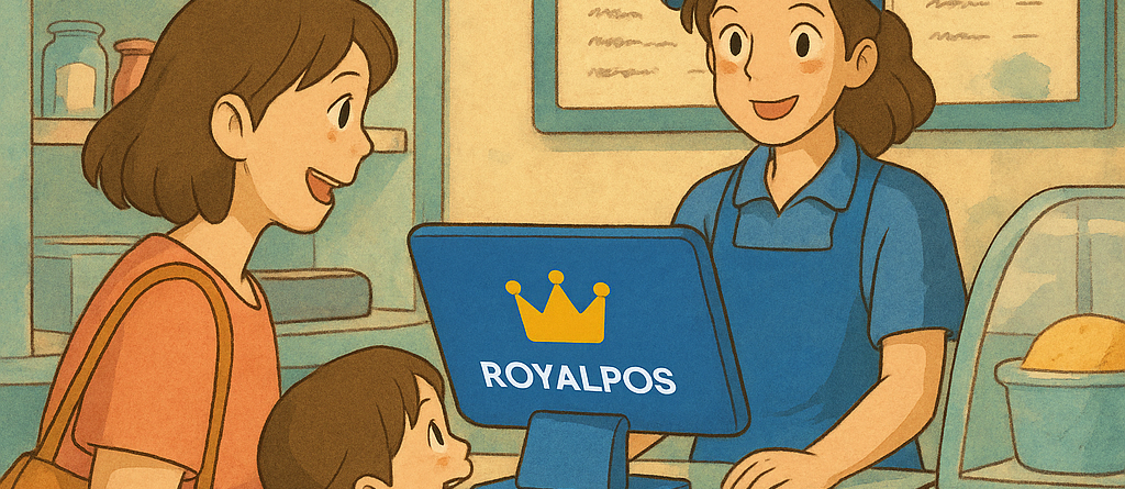 Ice cream parlour staff using RoyalPOS for quick billing during summer rush, Seamless inventory management for ice cream shops with RoyalPOS, Customers enjoying hassle-free service at an ice cream shop powered by RoyalPOS, RoyalPOS interface showing sales and inventory data for an ice cream parlour