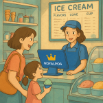 Ice cream parlour staff using RoyalPOS for quick billing during summer rush, Seamless inventory management for ice cream shops with RoyalPOS, Customers enjoying hassle-free service at an ice cream shop powered by RoyalPOS, RoyalPOS interface showing sales and inventory data for an ice cream parlour