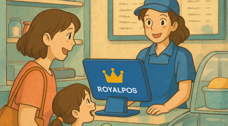 Ice cream parlour staff using RoyalPOS for quick billing during summer rush, Seamless inventory management for ice cream shops with RoyalPOS, Customers enjoying hassle-free service at an ice cream shop powered by RoyalPOS, RoyalPOS interface showing sales and inventory data for an ice cream parlour