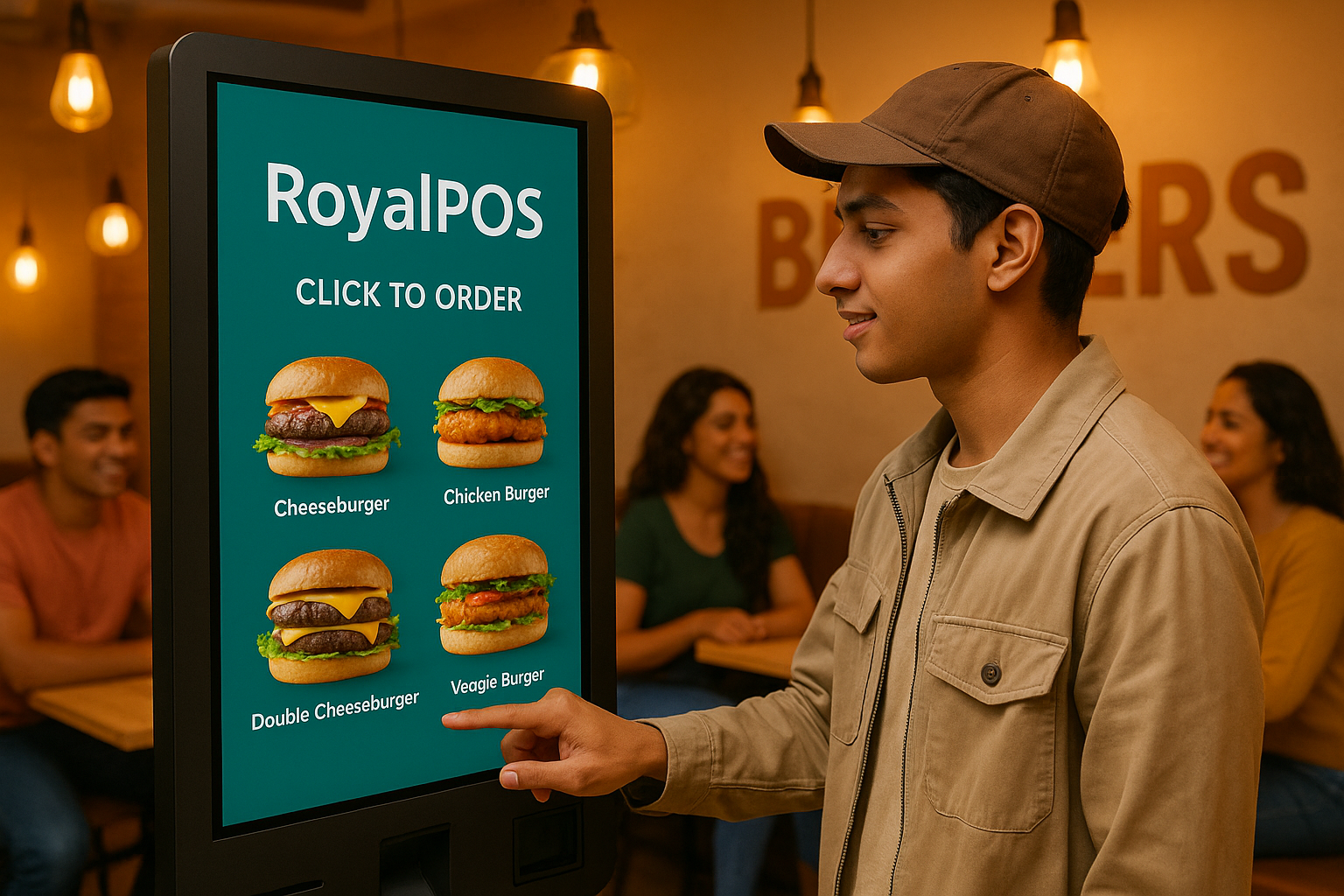 Customer placing an order using a self-ordering kiosk at a food court, powered by RoyalPOS software.