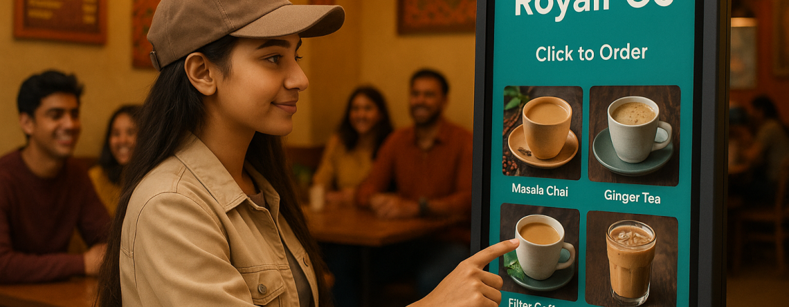 Self-ordering kiosk screen displaying a restaurant menu integrated with RoyalPOS for seamless order placement.