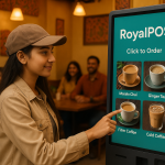 Self-ordering kiosk screen displaying a restaurant menu integrated with RoyalPOS for seamless order placement.