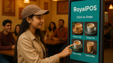 Self-ordering kiosk screen displaying a restaurant menu integrated with RoyalPOS for seamless order placement.