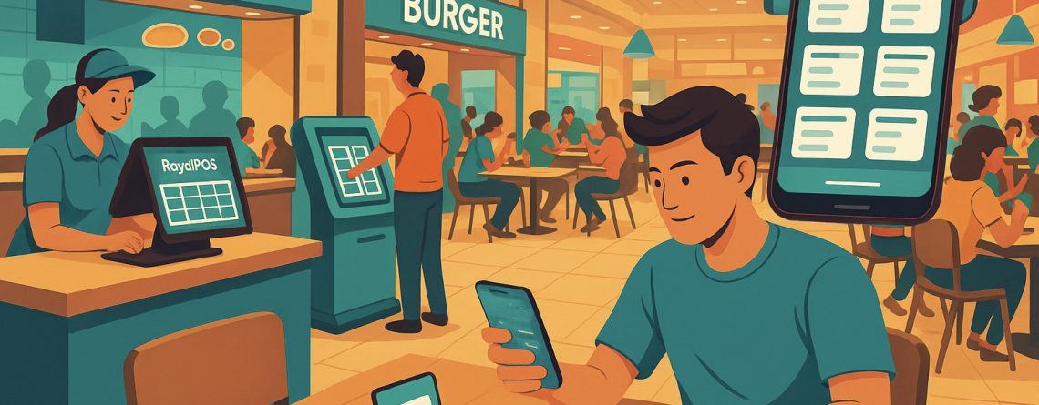 RoyalPOS interface showcased in a vibrant food court with multiple brand outlets, illustrating centralized billing and QR code-based ordering.