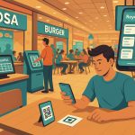 RoyalPOS interface showcased in a vibrant food court with multiple brand outlets, illustrating centralized billing and QR code-based ordering.