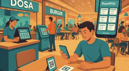 RoyalPOS interface showcased in a vibrant food court with multiple brand outlets, illustrating centralized billing and QR code-based ordering.