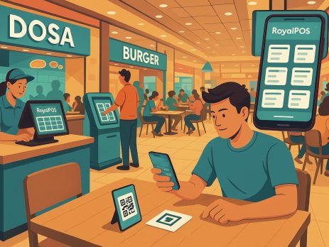 RoyalPOS interface showcased in a vibrant food court with multiple brand outlets, illustrating centralized billing and QR code-based ordering.