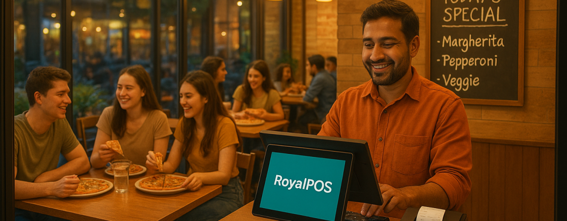 Pizza shop using RoyalPOS system on a mobile phone for quick billing and inventory management.