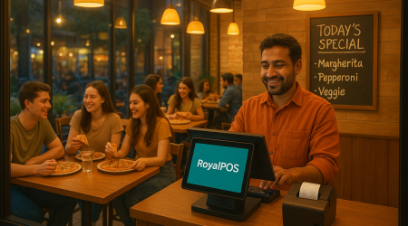 Pizza shop using RoyalPOS system on a mobile phone for quick billing and inventory management.
