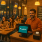 Pizza shop using RoyalPOS system on a mobile phone for quick billing and inventory management.