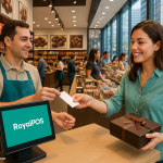 Chocolate shop counter with RoyalPOS system in use on a mobile phone and large touch POS, showcasing seamless billing and inventory management.