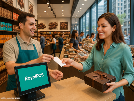 Chocolate shop counter with RoyalPOS system in use on a mobile phone and large touch POS, showcasing seamless billing and inventory management.