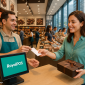 Chocolate shop counter with RoyalPOS system in use on a mobile phone and large touch POS, showcasing seamless billing and inventory management.