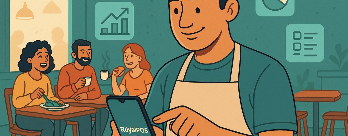 Screenshot of RoyalPOS app interface on a smartphone.Business owner using RoyalPOS on a tablet.